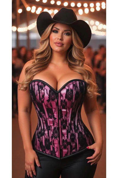 DAISY CORSET PINK SATIN W/BLACK LACE OVERLAY ZIPPER CLOSURE BY LA KISS.COM