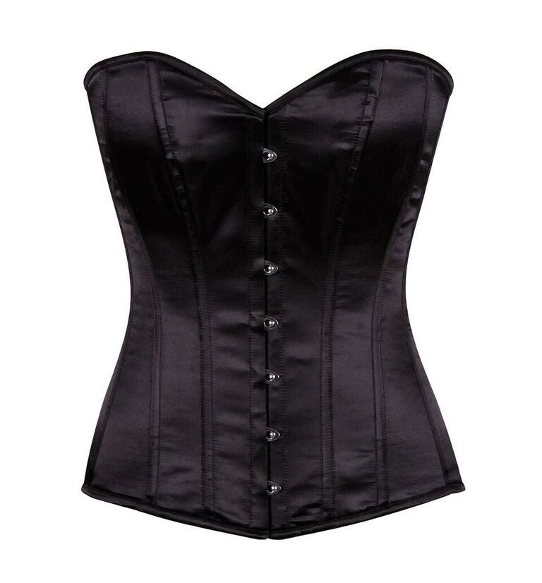 Lavish Black Satin Overbust Corset w/Busk Closure - LA Kiss.com