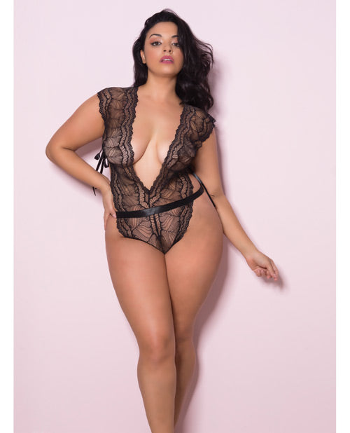 Lace Teddy w/Wide Waistband Side Ties &amp; Thong Back Black QN
