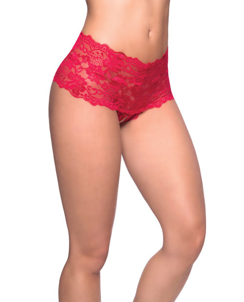 Goodnight Lace Crotchless Boyshort w/Elastic Detail Red S/M