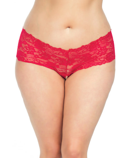 Goodnight Lace Crotchless Boyshort w/Elastic Detail Red 1X/2X