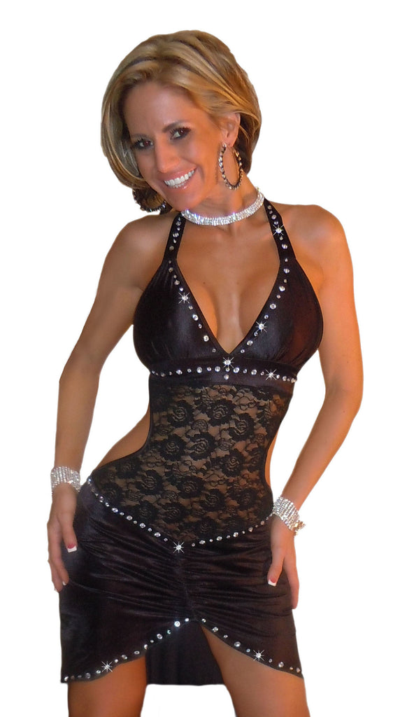 SEXY STRIPPER HOT CLUB WEAR BODY CON ELEGANT RHINESTONE & LACE DRESS & THONG  BY LA KISS.COM - LA Kiss.com - 1